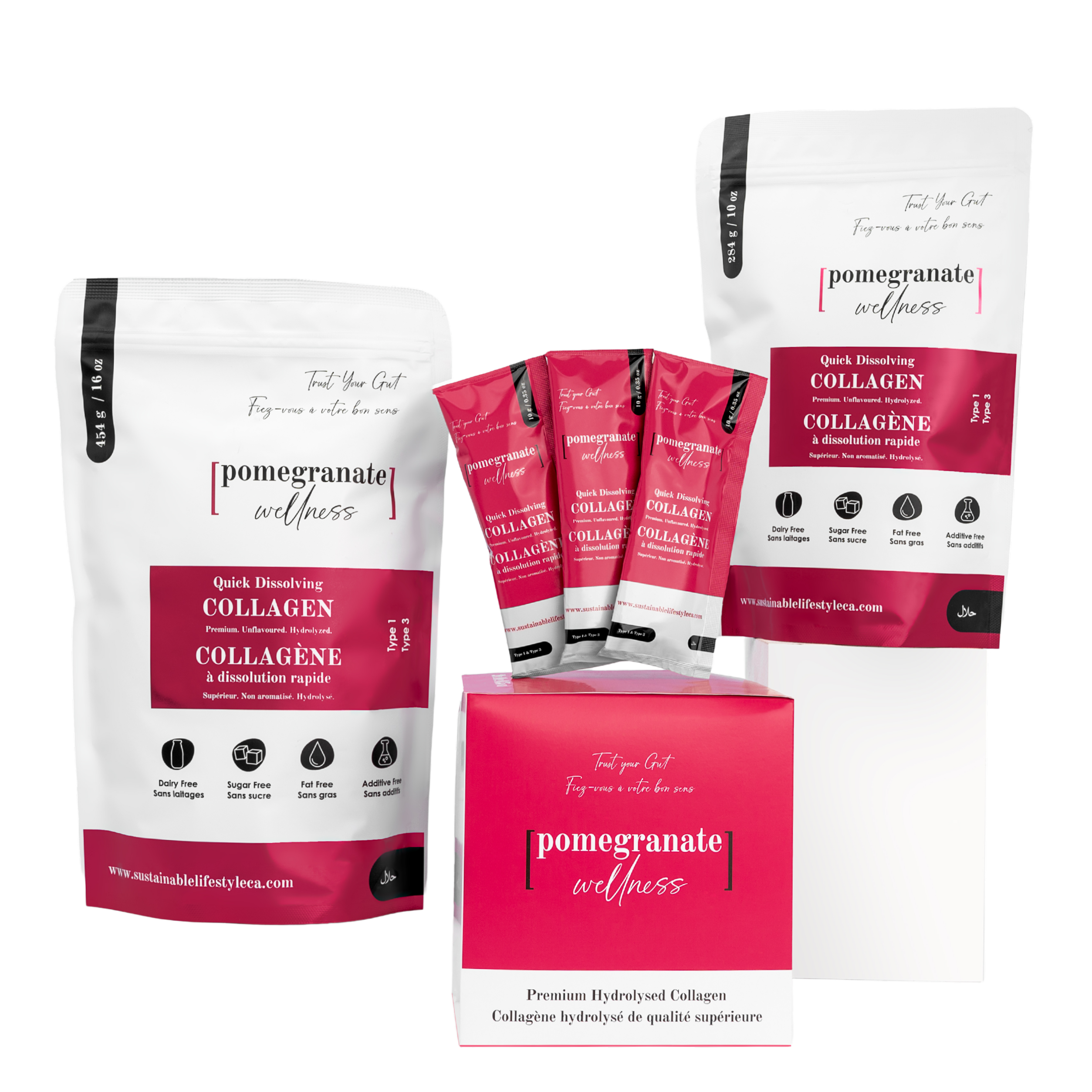 Halal Collagen Variety Pack – 16oz (454g) + 10oz (284g) Pouches & 20 x 10g Sachets