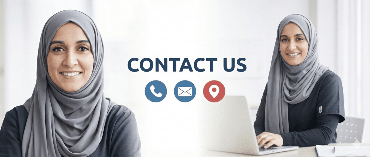 Woman in hijab with 'Contact Us' text and icons on a white background