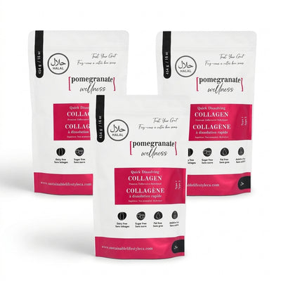 3-pack Halal Bovine Collagen Peptides pouches hero shot on seamless pure white background