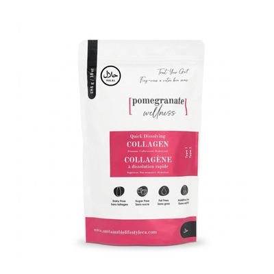 Studio hero shot of Halal Bovine Collagen Peptides 10oz starter pouch on seamless white background