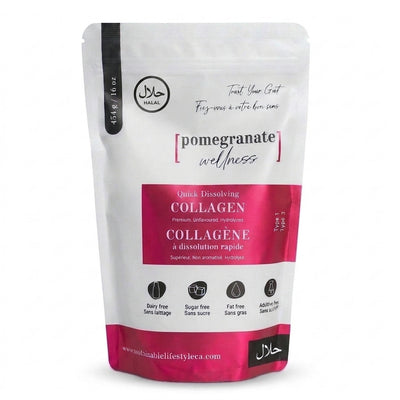 Halal Bovine Collagen Peptides Powder 16oz pouch with subtle smaller top-left Halal seal on seamless white background