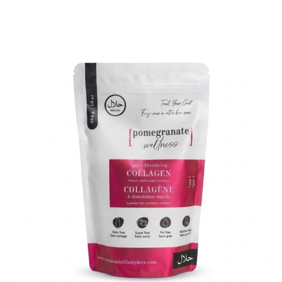 Hero shot of 10oz Halal bovine collagen pouch with upper-left Halal badge and bottom-right logo on pure white background