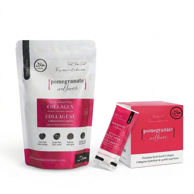 Halal Grass-Fed Bovine Collagen Hybrid Lifestyle Kit featuring 16oz pouch, 20 travel sachets, and box on pure white background