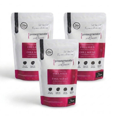 3-pack Halal Bovine Collagen Peptides pouches with middle pouch positioned lower in the foreground on white background